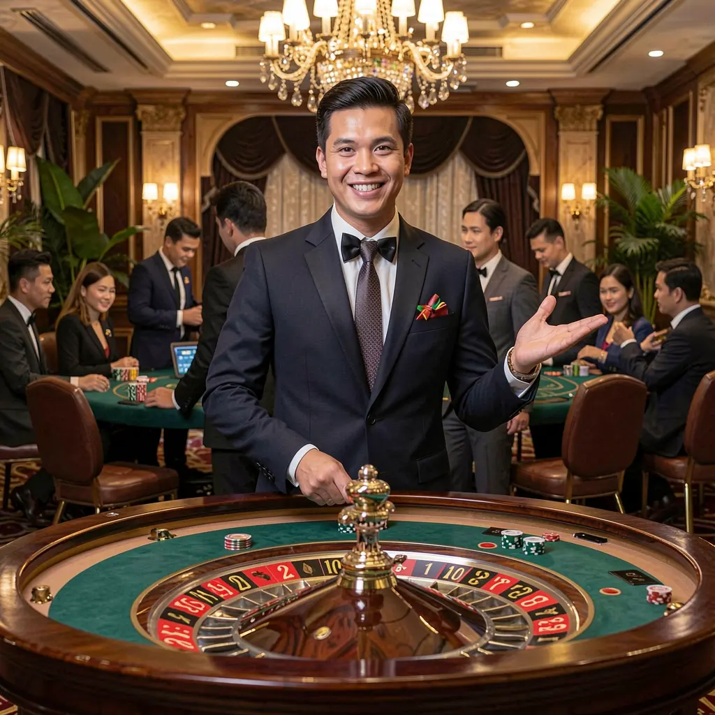 PH8585 – Step into an authentic live casino experience for players in the Philippines Confident live casino dealer from the Philippines standing at a roulette table with a welcoming gesture inside the authentic PH8585 casino atmosphere