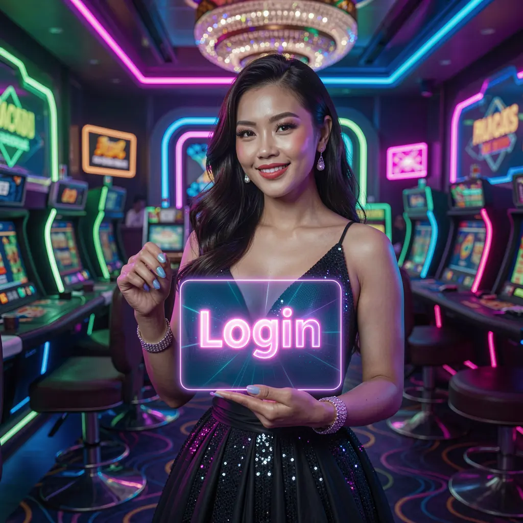 PH8585 Login – Secure and smooth access to your gaming account in the Philippines Confident Filipino woman holding a glowing login card in a futuristic casino setting with neon lights representing secure access at PH8585 Philippines